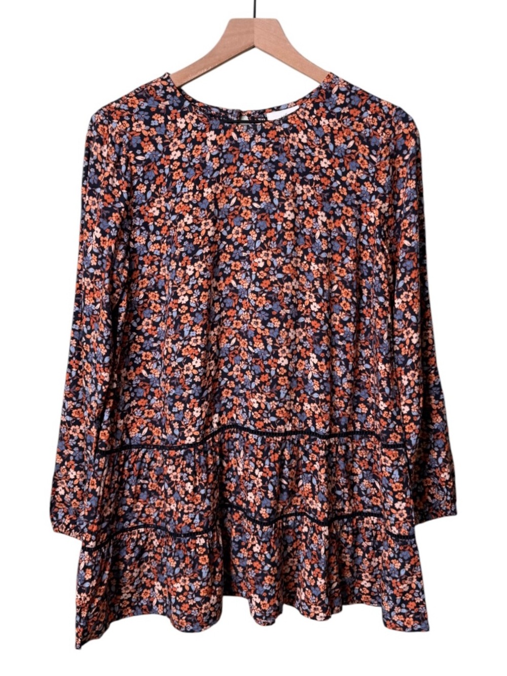 J. Jill Floral Long Sleeve Tiered Tunic Blouse Navy Blue Orange Women’s Small